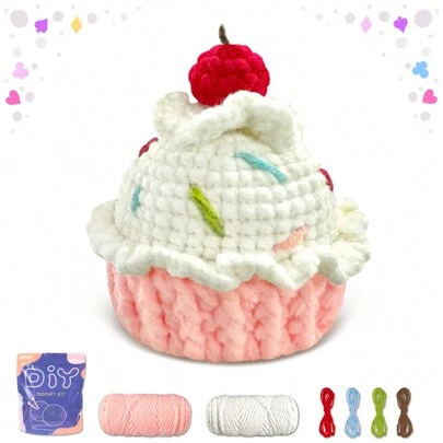 1 件适合初学者的纸杯蛋糕编织套装，有趣且易于学习的家居装饰，带有分步视频教程，可制作独特的蛋糕（配件颜色随机）