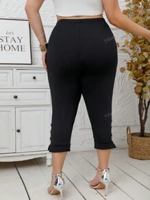 Plus Size Women's Elastic 7/8 Pants With Button Decor, Casual & Stylish Plain Color Midi Trousers