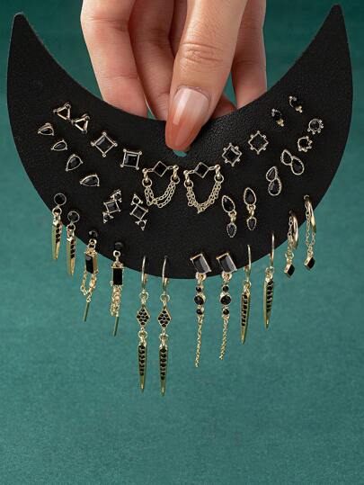 17 件/套复古风格简约多水钻小耳钉，独特珠宝设计