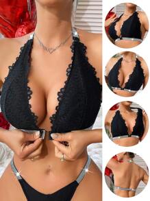 Schwarzer floraler Spitzen-Trägerbh mit Verschluss vorne für den Valentinstag. Dessous