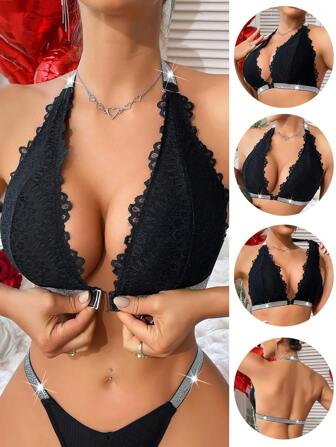 情人节黑色花朵蕾丝挂脖式胸罩，配有前扣。内衣