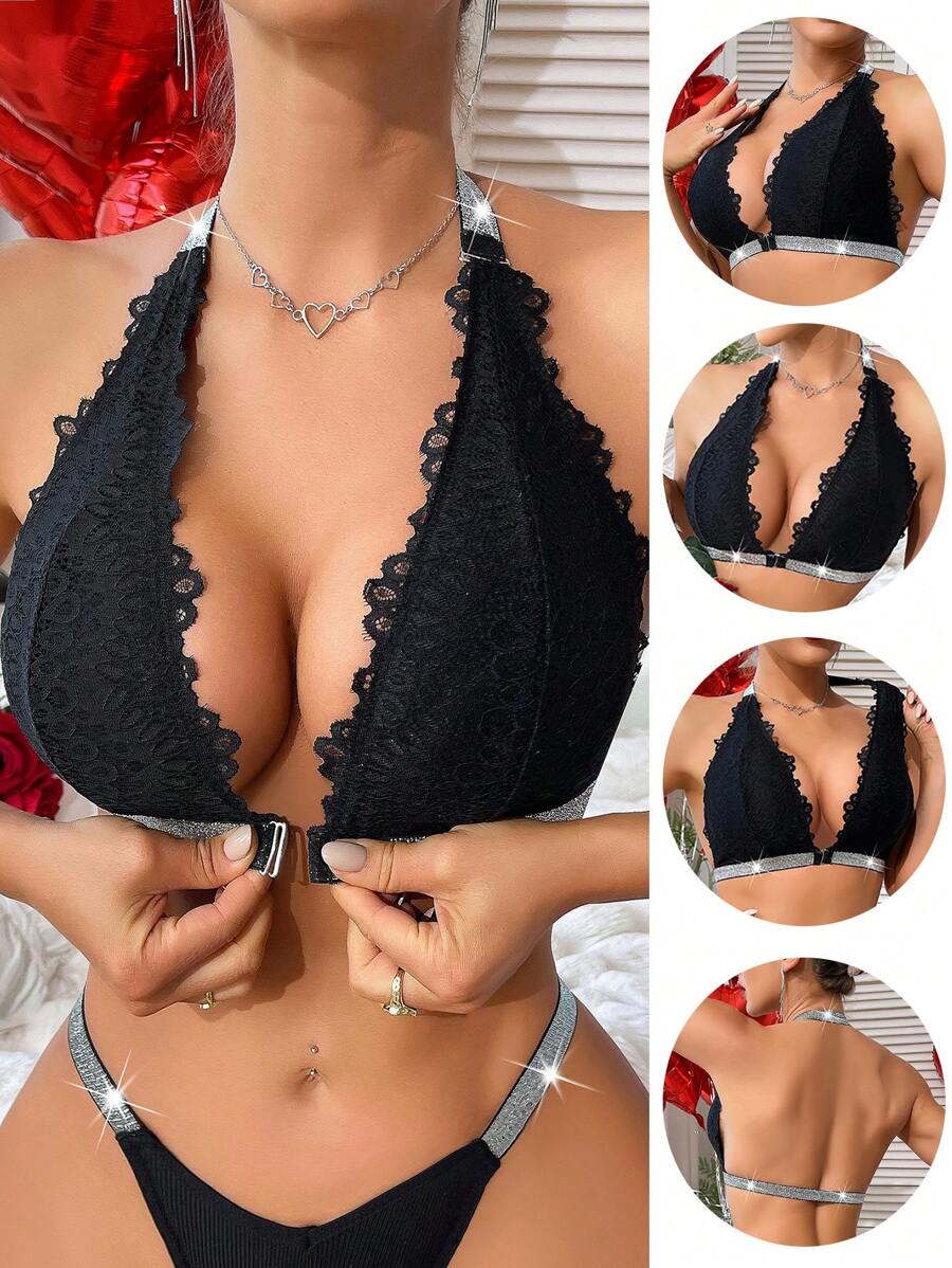 Schwarzer floraler Spitzen-Trägerbh mit Verschluss vorne für den Valentinstag. Dessous