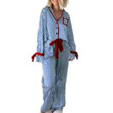 Womens Striped Pajama Set Long Sleeve Button-Up Crop Tops Bow Long Pants 2 Piece Sleepwear Outfit - 藍色 - 查看 1