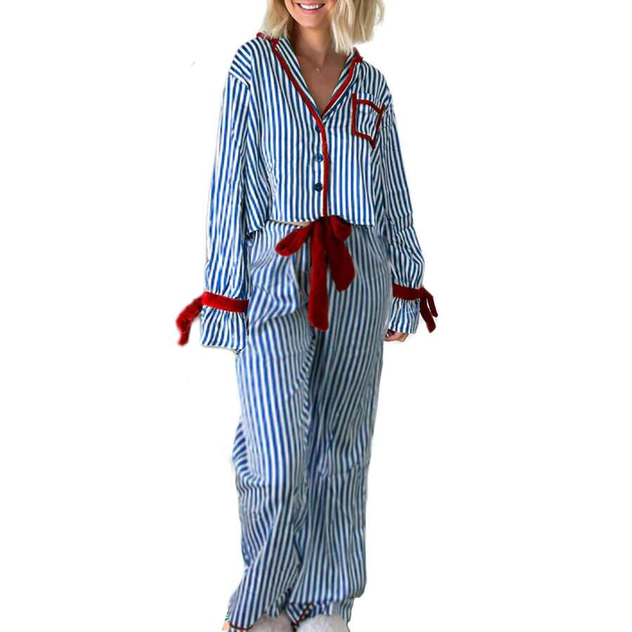 Womens Striped Pajama Set Long Sleeve Button-Up Crop Tops Bow Long Pants 2 Piece Sleepwear Outfit - 藍色 - 查看 1