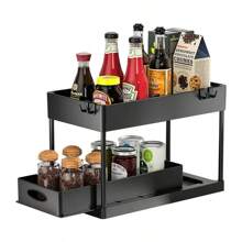 2 Tier Under Sink Organizer Sliding Cabinet Basket Organizer Storage Rack With Hooks Hanging Cup Bathroom Kitchen Organizer - Black-b - View 4