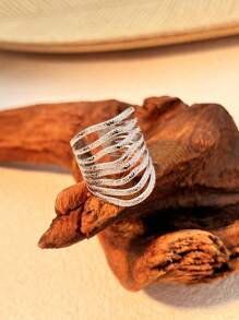 1pc Minimalist 18K Gold Plated Stainless Steel Striped Hollow Design Adjustable Open Ring, Tarnish Resistant, Couple Accessory, Gift For Valentine's Day Valentines