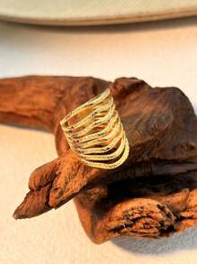 1pc Minimalist 18K Gold Plated Stainless Steel Striped Hollow Design Adjustable Open Ring, Tarnish Resistant, Couple Accessory, Gift For Valentine's Day Valentines