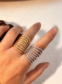 1pc Minimalist 18K Gold Plated Stainless Steel Striped Hollow Design Adjustable Open Ring, Tarnish Resistant, Couple Accessory, Gift For Valentine's Day Valentines