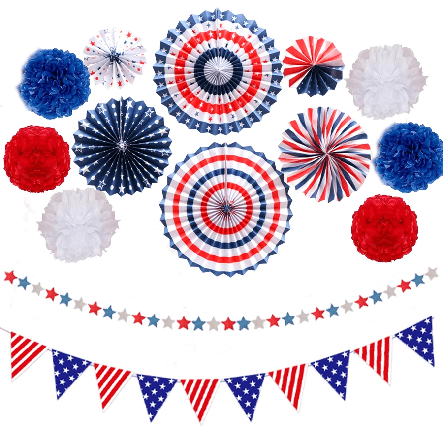 4th/Fourth Of July Patriotic Decorations Set - Red White Blue Paper Fans, USA Flag Pennant, Star Streamer, Pom Poms, Party Decor Supplies - American Paper Fan Set - View 1
