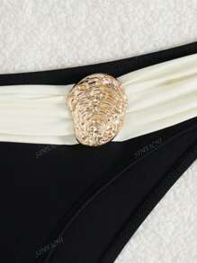 Zomerstrand 2 stuks/set dames zwart-wit patchwork dubbele ring decor strap top & gouden accent triangel bikiniset