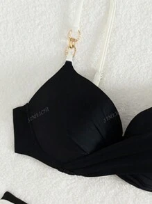 Zomerstrand 2 stuks/set dames zwart-wit patchwork dubbele ring decor strap top & gouden accent triangel bikiniset