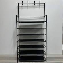 Zapateras y Perchero Multifuncional con 7 Niveles de 8 Ganchos, Zapatos de Gran Estante para Espacio, Perchero con Zapatero Árbol para Pasillo con Banco para Zapatos Dormitorios Apartamento - Negro - Ver 4