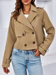 Womens Cropped Trench Coat Lapel Double Breasted Short Jacket Outwear Christmas Gift & New Year Gift - 卡其色 - 查看 3