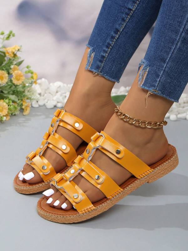 Moda feminina Novo verão Casual Confortável Chinelos, Versátil 3 Listras Fivela Design Flat Slides