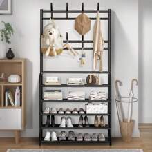 3 In 1 Hallway Coat Rack Shoe Storage 5 Tiers Metal Stand 8 Hooks Shelves 80Cm Widen Metal W/ 8 REMOVABLE HOOKS