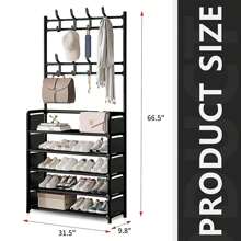 3 In 1 Hallway Coat Rack Shoe Storage 5 Tiers Metal Stand 8 Hooks Shelves 80Cm Widen Metal W/ 8 REMOVABLE HOOKS