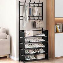 3 In 1 Hallway Coat Rack Shoe Storage 5 Tiers Metal Stand 8 Hooks Shelves 80Cm Widen Metal W/ 8 REMOVABLE HOOKS