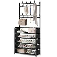 3 In 1 Hallway Coat Rack Shoe Storage 5 Tiers Metal Stand 8 Hooks Shelves 80Cm Widen Metal W/ 8 REMOVABLE HOOKS