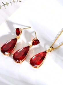 3pcs Women's Multi-Color Crystal Zirconia Jewelry Set - Gold/White Plated Multi-Color Teardrop Cubic Zirconia Crystal Earrings And Pendant Necklace Set, Suitable For Mothers' Weddings, PROM Parties, Birth Stone Fashion - 紅色 - 查看 3
