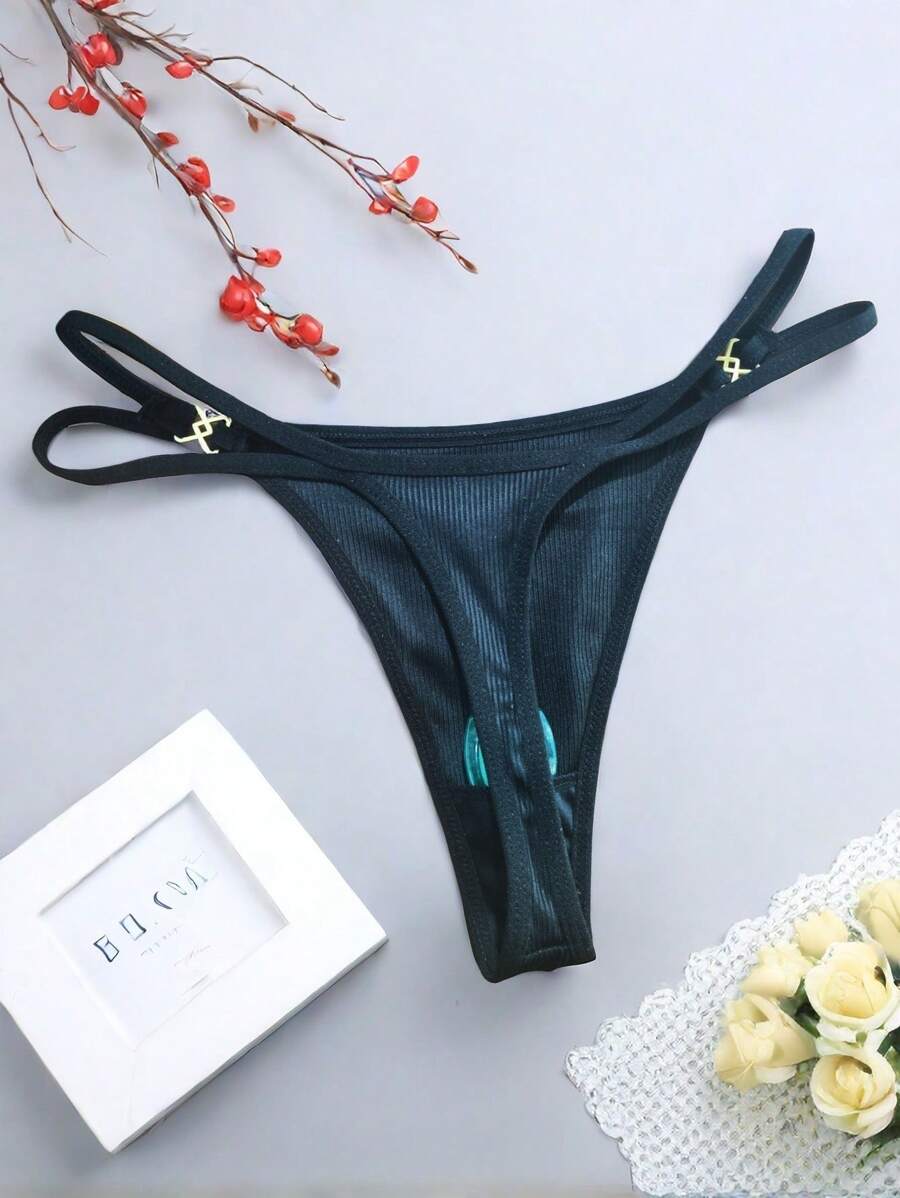 AB. 性感内衣女士时尚网红风搭扣丁字裤条纹柔软舒适内裤底部口袋设计可放置玩具T恤 - 黑色 - 查看 1