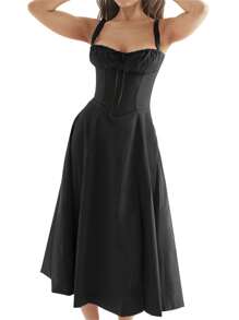 Women Summer Dress Solid Color Sleeveless Bandage Party A-Line Dress For Cocktail Nightclub Beach - 黑色 - 查看 5