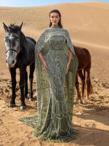 Luxurious Shimmering Beaded Sequin Maxi Cape Dress With Fish Tail Hem - Perfect For Weddings, Red Carpet Events, Desert Weddings, And Celebrity-Style Parties, Party Dress, Wedding Guest Dress, Formal Dress, Evening Dress,Gown