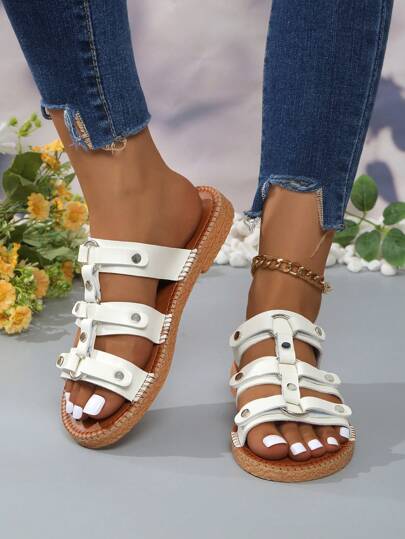 Moda feminina Novas sandálias de verão versáteis e confortáveis com tira tripla e fivela de anel, planas