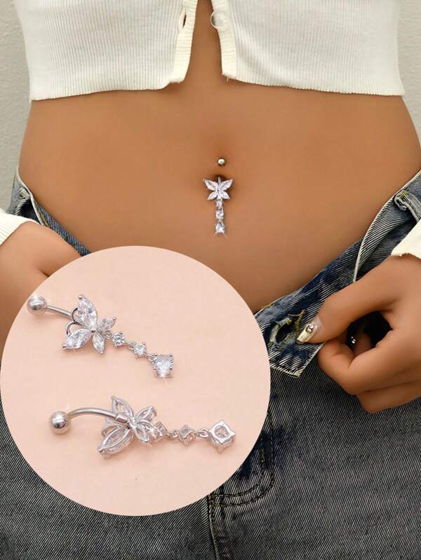 1 Piece, Fashionable And Luxurious, Butterfly Pendant Navel Ring, Stainless Steel Copper Inlaid Diamond Belly Button Nail, Silver Jewelry, Suitable For Women Gifts, Valentine's Day, Thanksgiving, Christmas, Birthday Party, Bar And Ball Gifts, Daily Wearing Outdoor Swimming Accessories, Piercing Body Jewelry,Mom,Mother,Mother's Day,Gift
