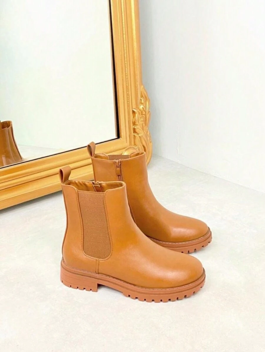 Women's Solid Color Side Zipper Design Slip-On Fashion Casual Ankle Boots