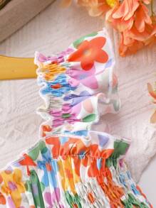 Young Girls Cap Sleeve Square Neck Floral Print Romper, Summer