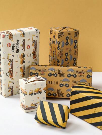 3/6pcs Engineering Vehicle Style Gift Wrapping Paper, Material Paper, Holiday Wrapping Paper, Gift Box, Book Leather, For Birthday Decoration Party Decoration, Gift Baskets, Arts & Crafts, Flower Bouquet Supplies, Flower Wrapping Paper, Gift Packaging Supplies, Handbook Material Decor, Engineering Vehicle Theme Party Gift Decoration, Birthday Gifts Party Favor, Gift Wrapping Supplies