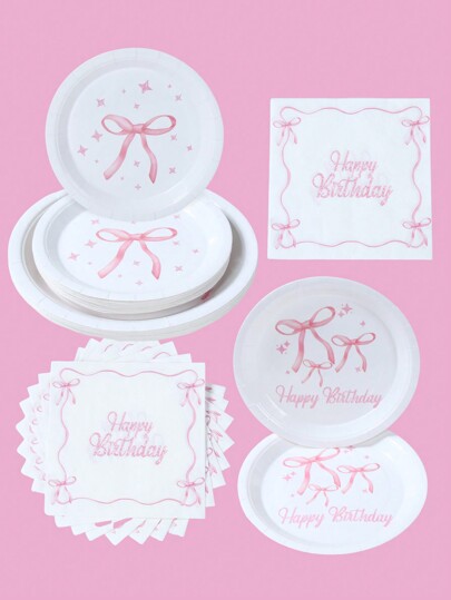 Pink Bowknot Themed Party Disposable Paper Tableware, 8pcs 7inch&9inch Happy Birthday Disposable Pink Paper Plates, 16pcs Bow Napkins Suitable For Pink Theme Party Decor, Party Favor, Birthday Decor, Birthday Gifts, Kitchen Decor, Gender Reveal Decor Babe Shower Decor Holiday Family Activities Event Party Decoration Supplies Set