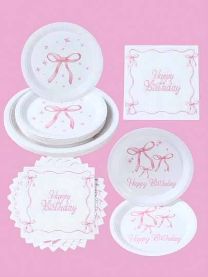 Pink Bowknot Themed Party Disposable Paper Tableware, 8pcs 7inch&9inch Happy Birthday Disposable Pink Paper Plates, 16pcs Bow Napkins Suitable For Pink Theme Party Decor, Party Favor, Birthday Decor, Birthday Gifts, Kitchen Decor, Gender Reveal Decor Babe Shower Decor Holiday Family Activities Event Party Decoration Supplies Set