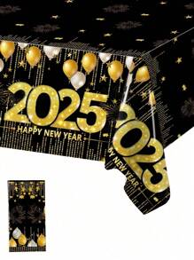 1件 2025新年快樂塑膠桌布，一次性彩色煙火PE桌布，2025新年快樂居家派對裝飾防水餐桌布，節日桌飾 - 黑金色 - 查看 8