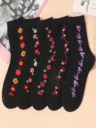 5 Pairs Elegant Women Floral Jacquard Mid-Calf Socks, Vintage Style Socks Suitable For Mothers & Grandmothers, Comfortable Soft Breathable Loose Design, Suitable For Daily, Casual, Sports Wear, All Seasons