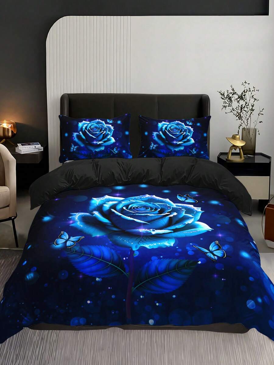 Juego de 3 piezas de ropa de cama (1 Funda Nórdica sin Edredón + 2 Fundas de Almohada sin Almohadas), Estampado de Rosas Azules, Mariposas y Gotas de Agua de Alta Definición para el Hogar y la Residencia Universitaria - Ver 1
