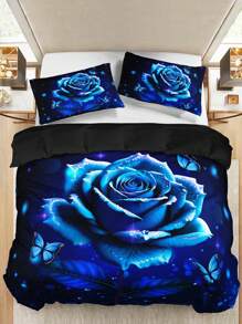 Juego de 3 piezas de ropa de cama (1 Funda Nórdica sin Edredón + 2 Fundas de Almohada sin Almohadas), Estampado de Rosas Azules, Mariposas y Gotas de Agua de Alta Definición para el Hogar y la Residencia Universitaria - Ver 8