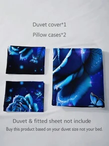 Juego de 3 piezas de ropa de cama (1 Funda Nórdica sin Edredón + 2 Fundas de Almohada sin Almohadas), Estampado de Rosas Azules, Mariposas y Gotas de Agua de Alta Definición para el Hogar y la Residencia Universitaria - Ver 9