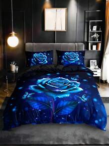 Juego de 3 piezas de ropa de cama (1 Funda Nórdica sin Edredón + 2 Fundas de Almohada sin Almohadas), Estampado de Rosas Azules, Mariposas y Gotas de Agua de Alta Definición para el Hogar y la Residencia Universitaria - Ver 7