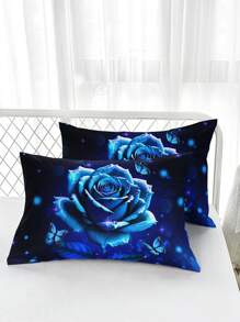 Juego de 3 piezas de ropa de cama (1 Funda Nórdica sin Edredón + 2 Fundas de Almohada sin Almohadas), Estampado de Rosas Azules, Mariposas y Gotas de Agua de Alta Definición para el Hogar y la Residencia Universitaria - Ver 10