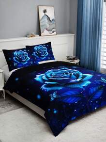 Juego de 3 piezas de ropa de cama (1 Funda Nórdica sin Edredón + 2 Fundas de Almohada sin Almohadas), Estampado de Rosas Azules, Mariposas y Gotas de Agua de Alta Definición para el Hogar y la Residencia Universitaria - Ver 2