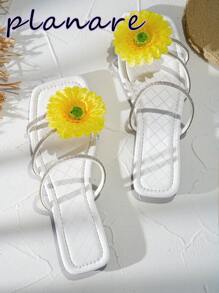 planare 女士米色花卉装饰一脚蹬凉鞋，三重银色水钻系带平底光滑鞋底，方形露趾和高跟设计，舒适防滑无味柔软优雅休闲夏季室内户外海滩泳池工作日常鞋 - 白色 - 查看 3