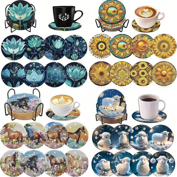 Conjunto de 8 peças/Conjunto Porta-Copos de Pintura de Diamante, Porta-Copos de Padrão de Lótus Acrílico com Suporte - Kit de Artesanato de Arte de Diamante DIY para Decoração Doméstica, Iniciantes, Adultos, Suprimentos de Artesanato de Arte de Diamante Artificial como Presente