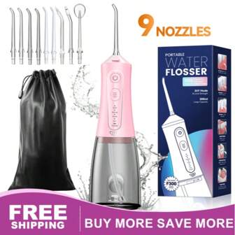 JTF hilo dental de agua, 4 modos y 9 boquillas multifunción, hilo dental recargable portátil, IPX7 impermeable, potente hilo dental recargable, hilo dental eléctrico para viajar