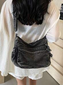 Women Retro Large Canvas Denim Shoulder Bag Denim Crossbody Handbags Casual Style Lightweight Tote Purse