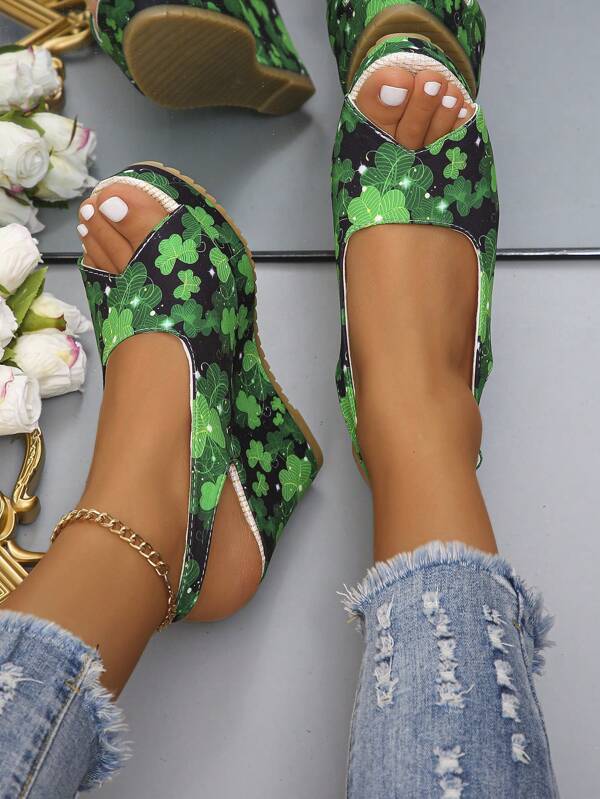 Women's Floral Print Wedge Heel Sandals, Fashionable Platform Wedge Shoes, Sexy High Heels