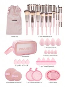 MAANGE 30pcs Professional Makeup Brushes With Velvet Bag+20pcs Powder Puff Accessories+1pc Silicone Cleaning Bowl+1pc Waterproof Wash Bag,Makeup Tools With Soft Brush Hair For Easy Carrying,Foundation Brush,Eye Shadow Brush,Blending Brush,Eyebrow Brush,Brush Set For Travel - 粉色 - 查看 2