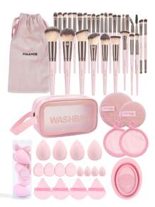 MAANGE 30pcs Professional Makeup Brushes With Velvet Bag+20pcs Powder Puff Accessories+1pc Silicone Cleaning Bowl+1pc Waterproof Wash Bag,Makeup Tools With Soft Brush Hair For Easy Carrying,Foundation Brush,Eye Shadow Brush,Blending Brush,Eyebrow Brush,Brush Set For Travel - 粉色 - 查看 3