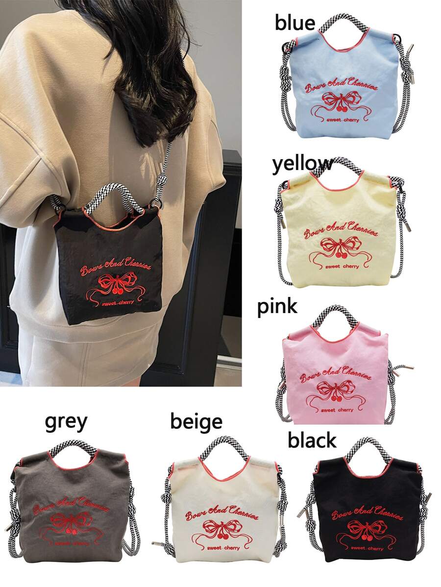 Korean Style Casual Embroidery Bow Shopping Tote Bag, Colorful Nylon Shoulder Bag With Bow