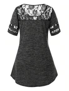 Plus Size Elegant Lace Accent T-Shirt With Asymmetric And Button Details - Grey - View 8